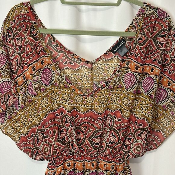 VTG 90s Y2K Does 70s Wet Seal Paisley Sheer L Kaftan Top V Neck Hippie Sz S - Picture 3 of 6